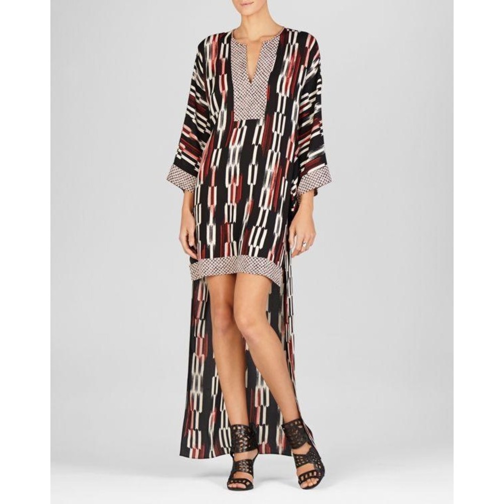 BCBGMAXAZRIA Norina High Low Ikat Print Kaftan Tunic Dress Black Red M/L